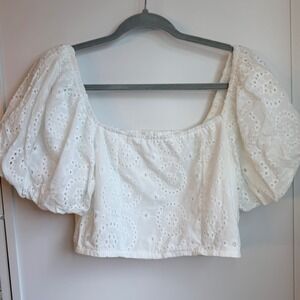 Altar'd State Eyelet Puff Sleeve Crop Top Womens L White Smocked NWT